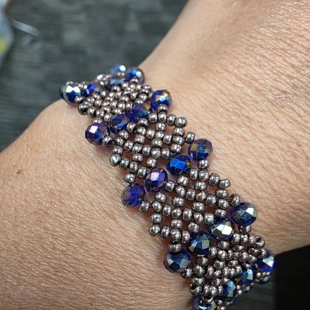 Handmade Beaded Cuff Bracelet Blue Iridescent Crystal Bronze Seed Bead Magnetic